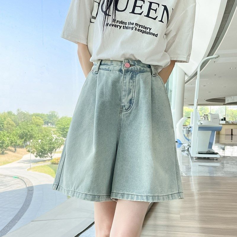 浅蓝色阔腿牛仔短裤女夏季新款高腰褶皱显瘦中裤宽松百搭a字5分裤