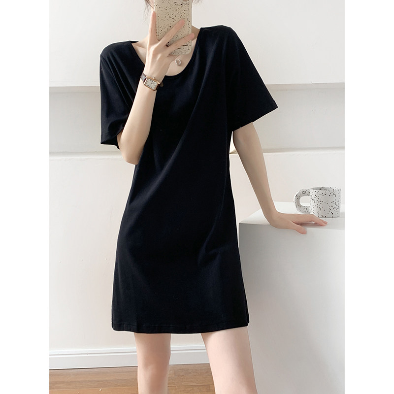 黑色纯棉V领T恤裙女短袖2024新款夏季小个子中长款显瘦休闲连衣裙