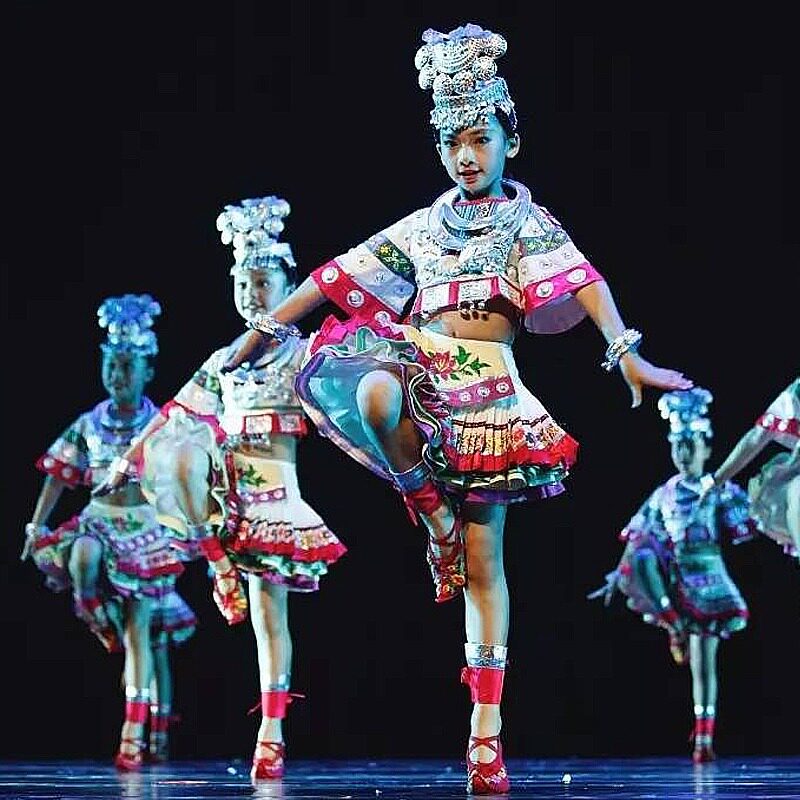 新款小荷风采苗妹妹舞蹈服儿童苗族彝族壮族演出服装少数民族服装