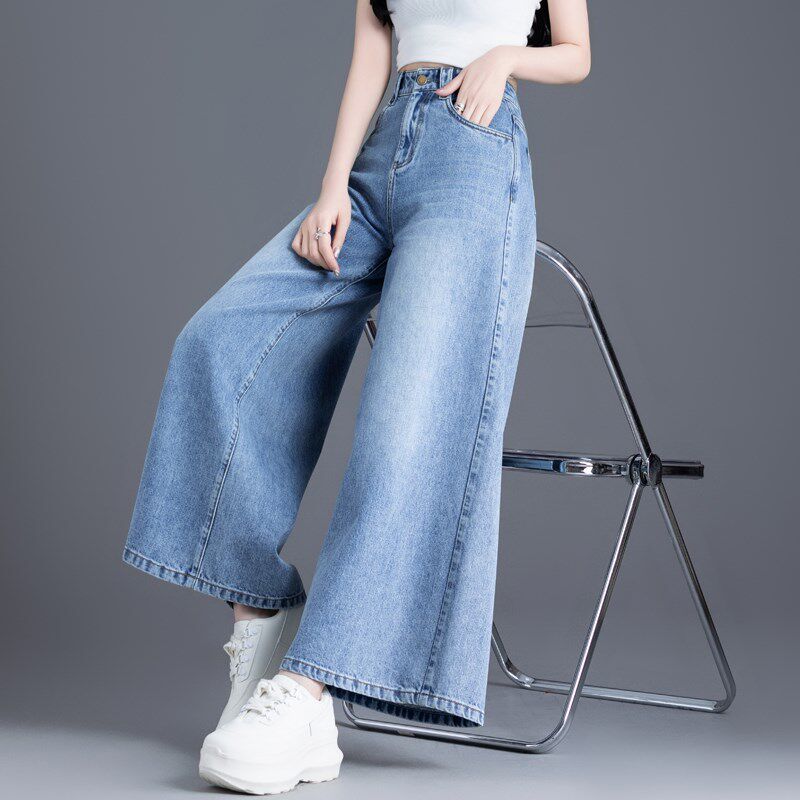 浅色牛仔裤女春秋季新款2024年直筒宽松阔腿裤裙裤小个子九分裤子