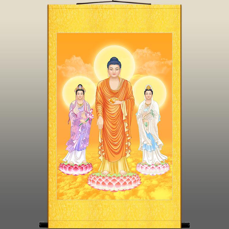 高清西方三圣佛像画 阿弥陀佛接引佛 观音大势至菩萨佛堂卷轴挂画