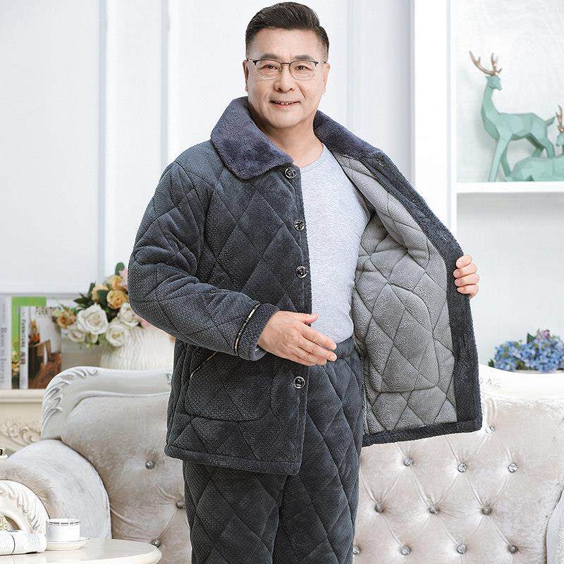 男士睡衣男秋冬季加厚加绒保暖夹棉中老年人爸爸珊瑚绒家居服套装