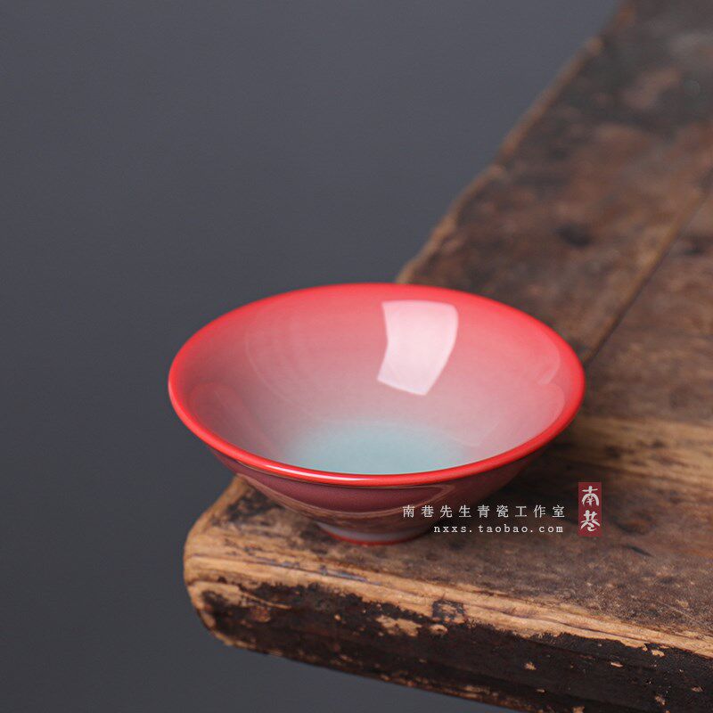 张健红胎红色青瓷 纯色小青瓷大号斗笠杯子 陶瓷主人品茗杯单杯