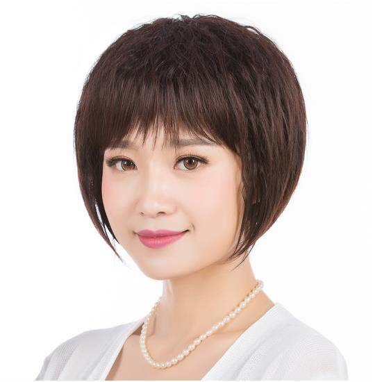 女士假发 真发中老年妈妈假发女蓬松BOBO头短卷发型 高温丝斜刘海