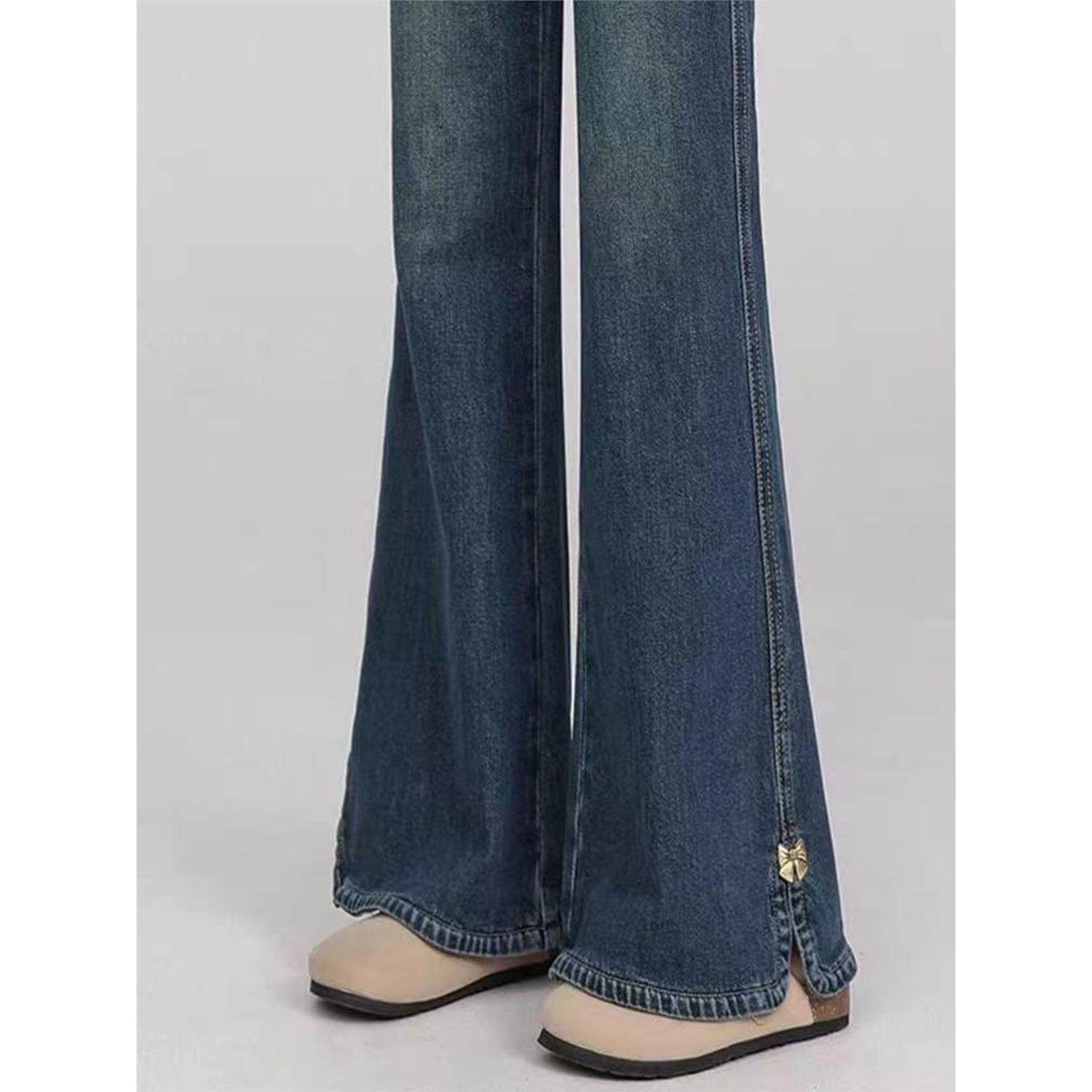 覆古微喇牛仔裤女秋冬大码胖mm高腰弹力开叉显瘦小个子加绒喇叭裤