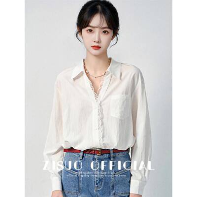 白色V领长袖衬衫女春季20