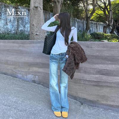 复古蓝美式猫须纹水洗直