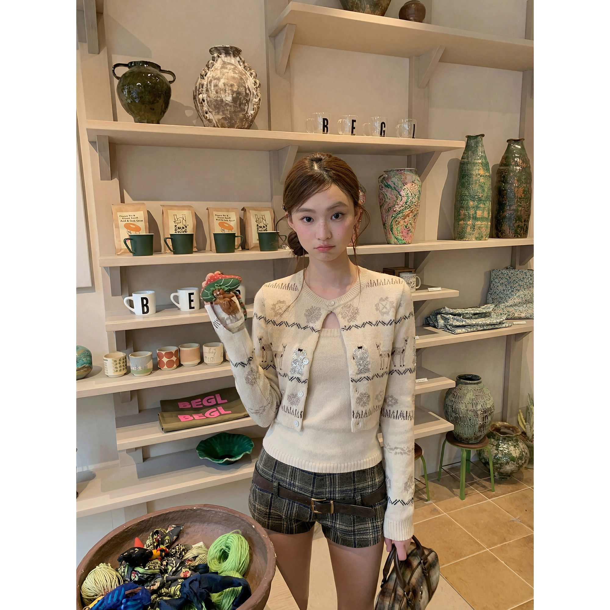 77 space费尔岛提花针织开衫女季毛衣外套短款上衣吊带背心两件套