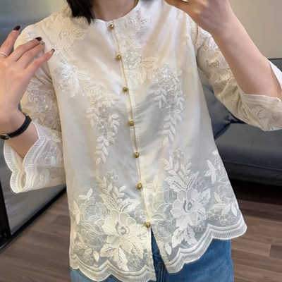 蕾丝刺绣长袖衬衫女春季