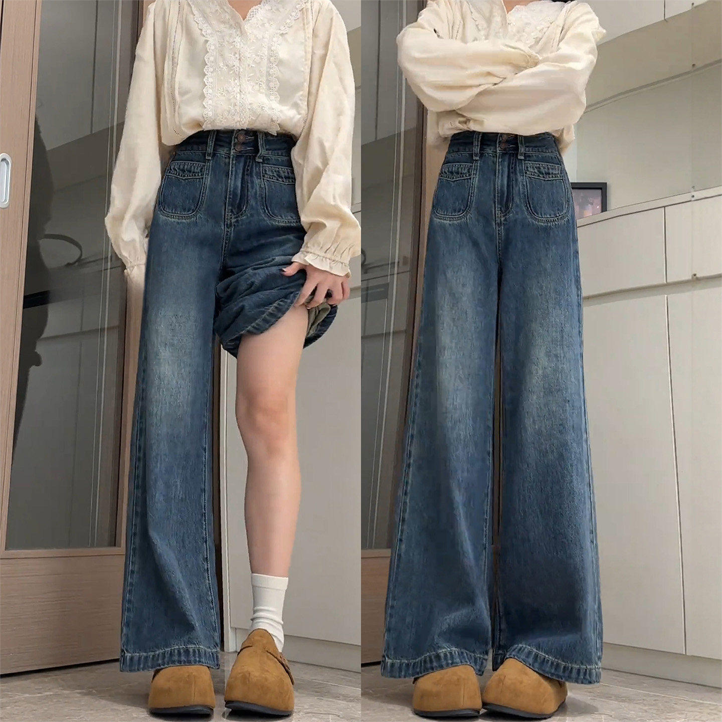 复古蓝阔腿牛仔裤女春季新款大码胖mm梨型身材高腰遮胯显瘦直筒裤
