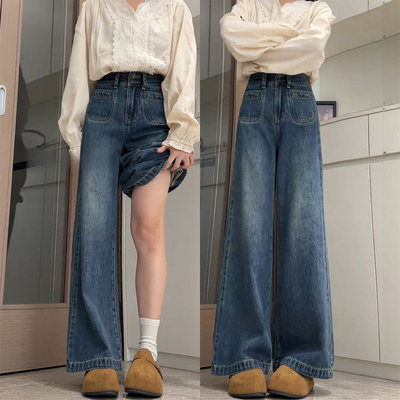 复古蓝阔腿牛仔裤女春季