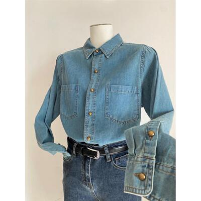 浅蓝色覆古软牛仔衬衫女