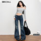 深蓝色辣妹显瘦设计感拖地微喇叭裤 女美式 子 低腰牛仔裤 易梦玲同款