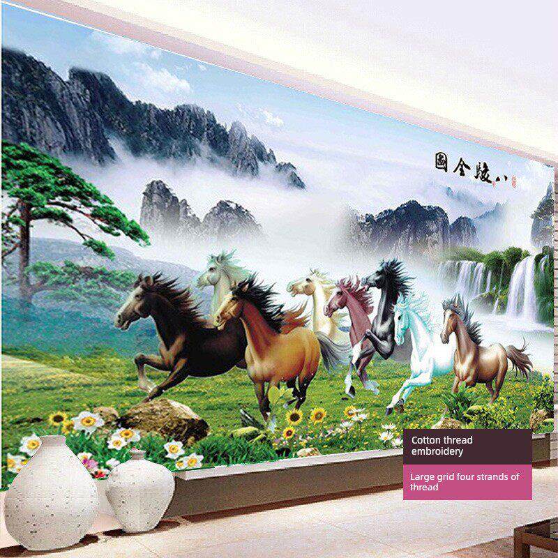 八骏图马到成功十字绣客厅满绣八骏马八匹马山水风景2024新款线绣