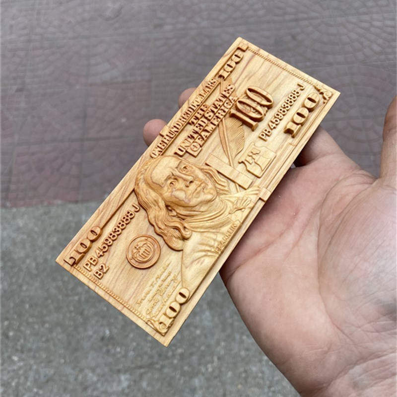 雨轩崖柏木雕100美金美钞小摆件实木雕刻居家客厅电视柜装饰礼品