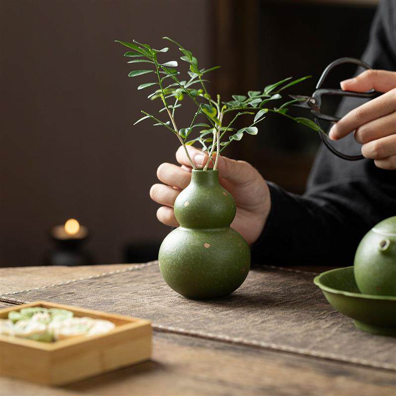橘绿洒金陶瓷葫芦小花插花瓶茶室茶桌装饰品招财摆件花器插花中式