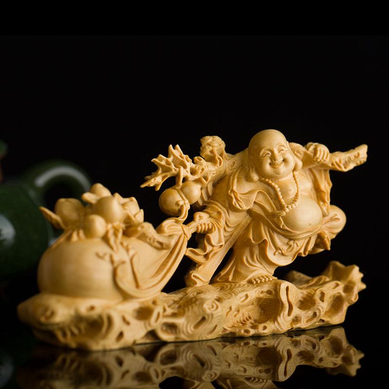 黄杨木雕刻弥勒佛中式家居装饰根雕汽车工艺品摆饰实木文玩手把件