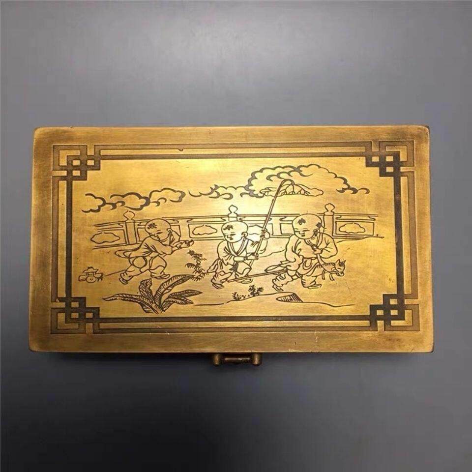 新品古玩中式百宝箱彷古青铜器收纳盒黄铜童子戏春首饰盒随机