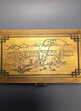 新品古玩中式百宝箱彷古青铜器收纳盒黄铜童子戏春首饰盒随机