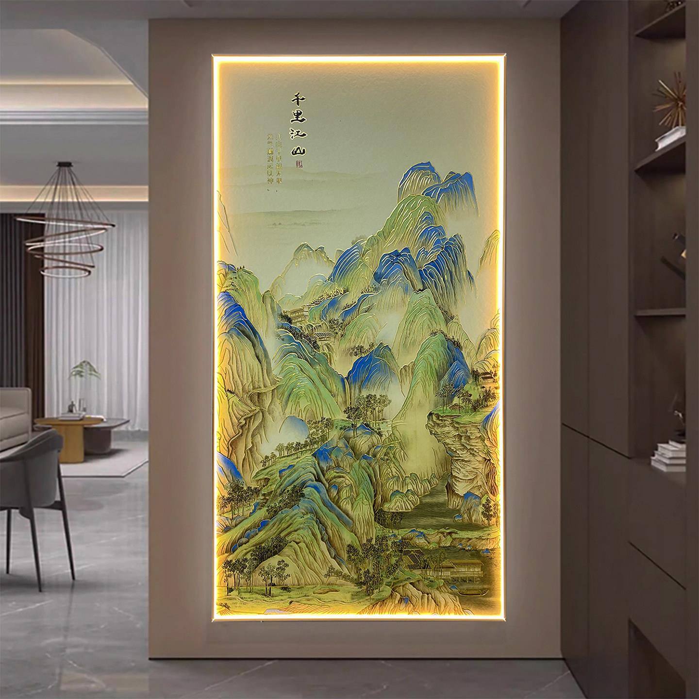 玄关走廊过道千里江山图入户门正对装饰画浮雕鎏金新中式山水画