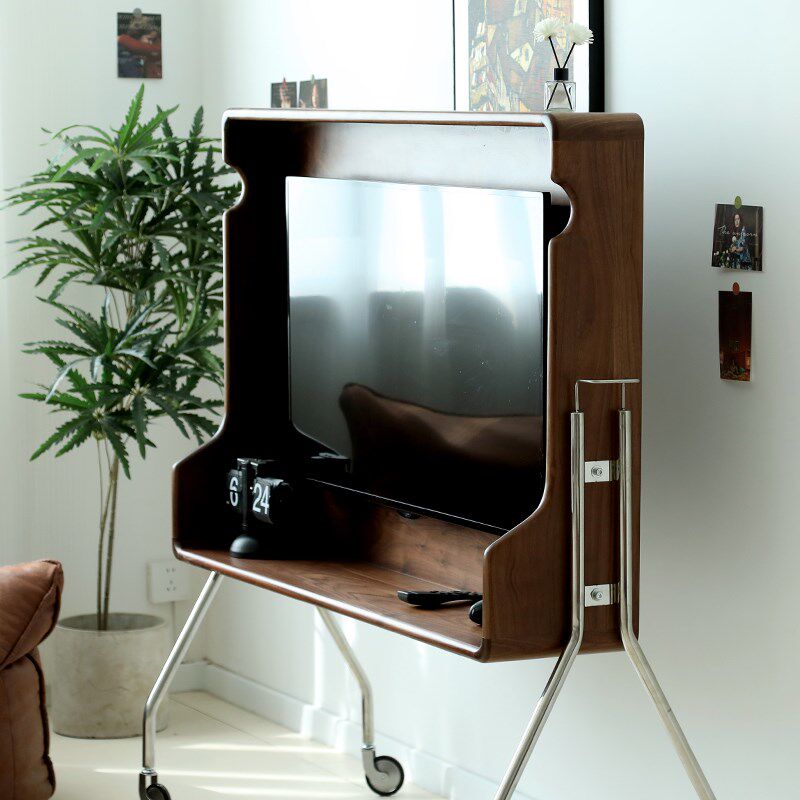 北美黑胡桃实木可移动电视机架移动支架复古落地客厅樱桃木电视柜