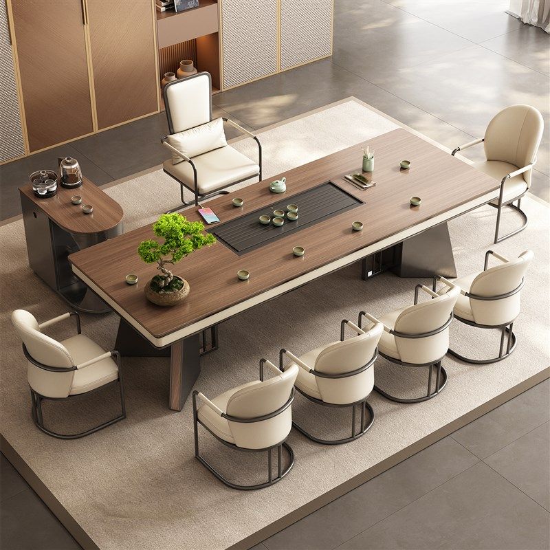 2025年新款木纹岩板大板茶桌椅组合一桌五椅新中式茶台办公室一体,住宅家具,家用茶台/茶桌,淘宝优惠券,粉丝福利购,淘宝优惠卷