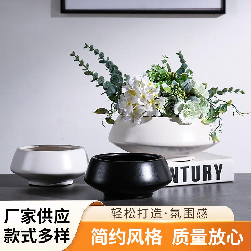 北欧简约陶瓷花盆大号创意花盆摆件客厅家居装饰白色圆型盆栽容器