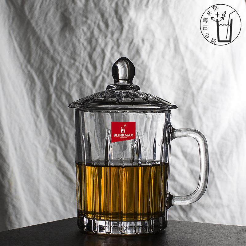 丽尊直身条纹透明玻璃把杯扎啤杯牛奶杯带把手茶杯水杯会议室盖杯