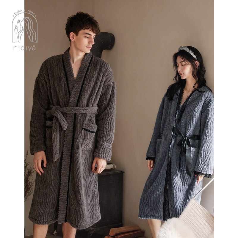 妮狄娅2022情侣睡衣睡袍冬季女珊瑚绒日式男款简约保暖浴袍家居服