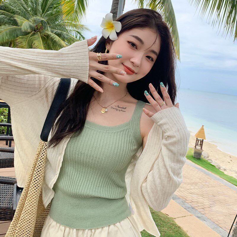 绿色针织开衫女外搭2025年夏季新款打底薄款防晒罩衫短款上衣外套