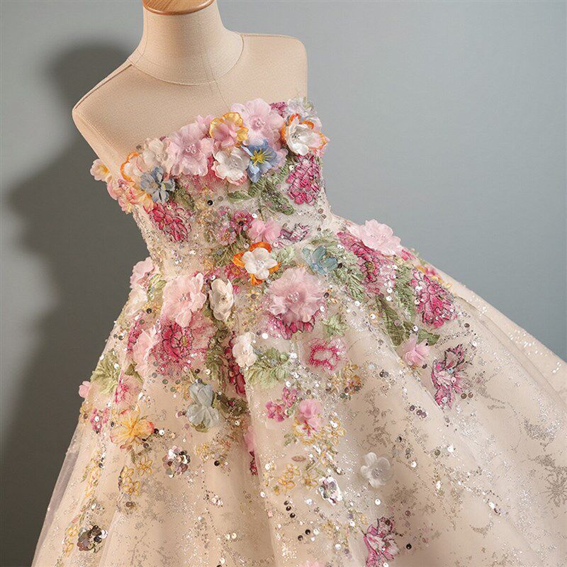 女童礼服高端法式森系花朵小主持人走秀钢琴演出服生日花童公主裙