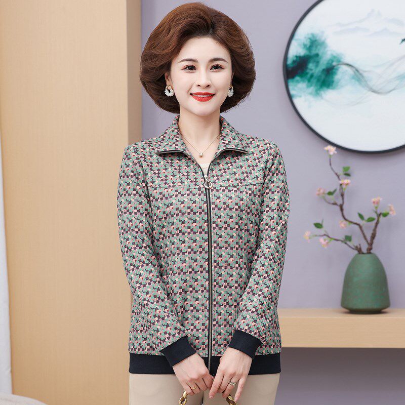 妈妈款夹克衫外套2024春秋新品中老年女装花色小个子婆婆拉链上衣