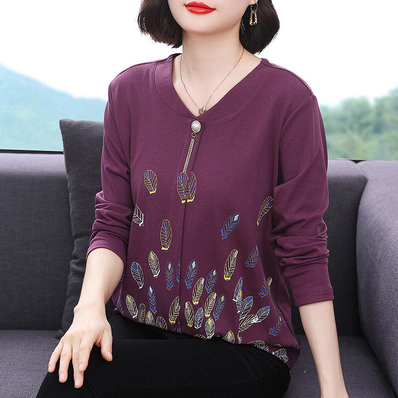 中老年女装妈妈打底衫春秋2024新款纯棉长袖t恤女时尚洋气v领上衣