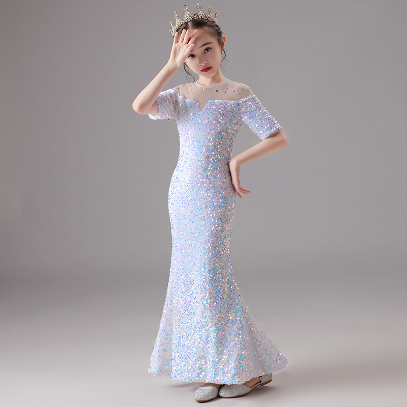 女童晚礼服公主裙白色鱼尾小主持人儿童高端模特钢琴演出服夏季长