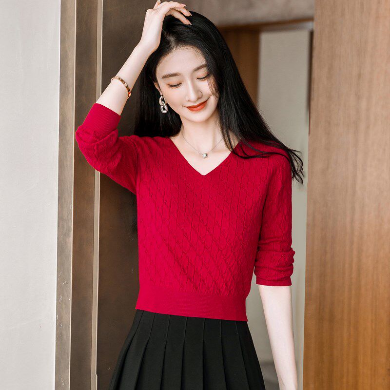 秋季2024新款薄款镂空针织衫女短款毛衣打底衫时尚高腰小个子上衣