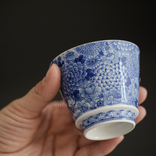 闻说景德镇市百花青花杯 明永乐甜白陶瓷 纯手绘品茗杯 功夫茶杯