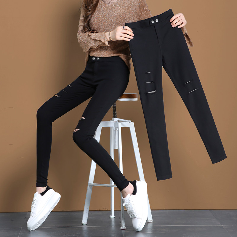 破洞打底裤女外穿2021春秋新款薄款魔术裤夏季百搭黑色铅笔小脚裤