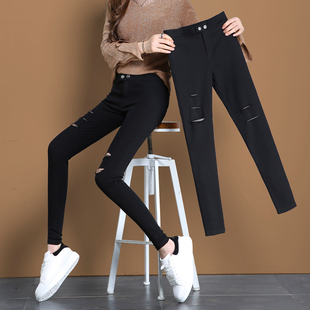 破洞打底裤女外穿2021春秋新款薄款魔术裤夏季百搭黑色铅笔小脚裤