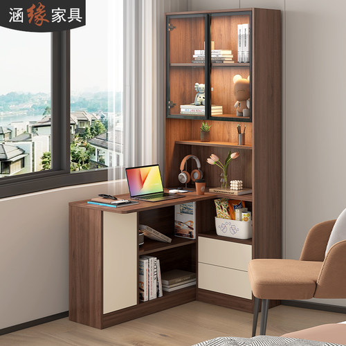 转角书桌书架一体桌家用学习写字桌L型电脑桌书柜组合办公桌7FL47