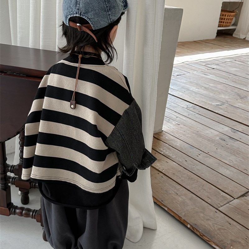 暮晨家新款春装2024男童条纹针织外套中小童洋气牛仔拼接衬衫上衣