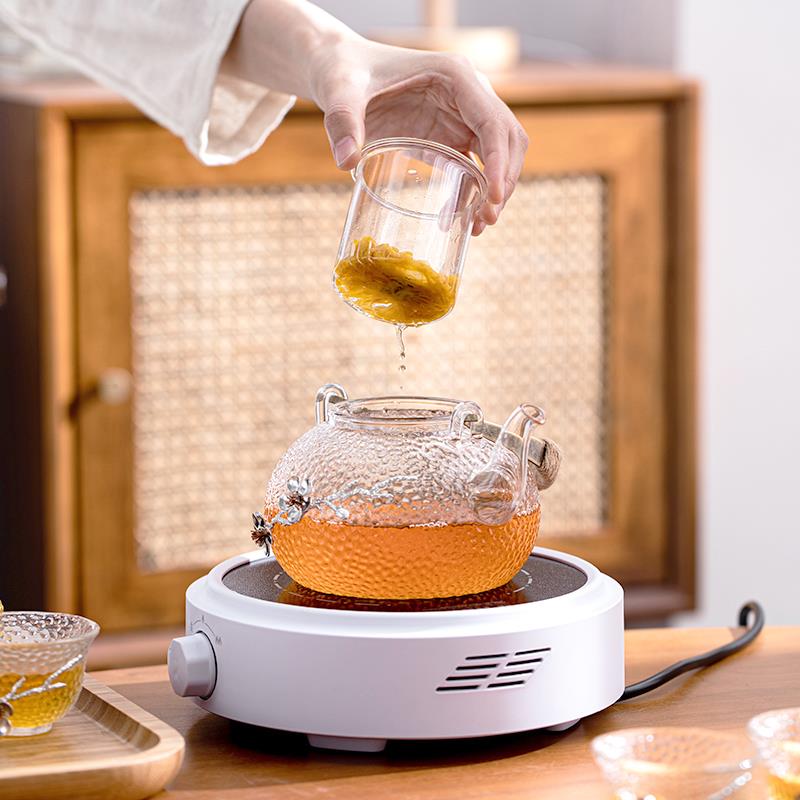 玻璃茶壶套装精品茶具贴花锤纹壶加厚手工水果养生茶具提梁煮茶壶