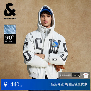 杰克琼斯户外运动男装NBA联名款勇士队宽松潮刺绣连帽短款羽绒服