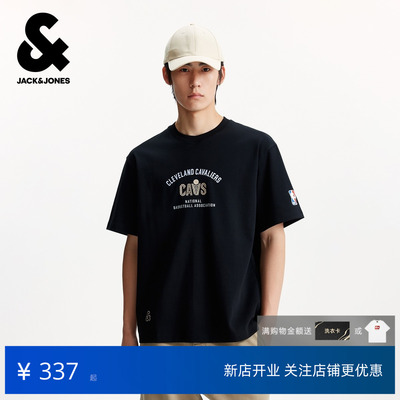 杰克琼斯户外运动NBA联名男装T恤冬春季新款植绒宽松圆领宽松T恤