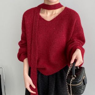 新年红法式温柔风亮晶晶V领飘带毛衣女百搭V领针织衫