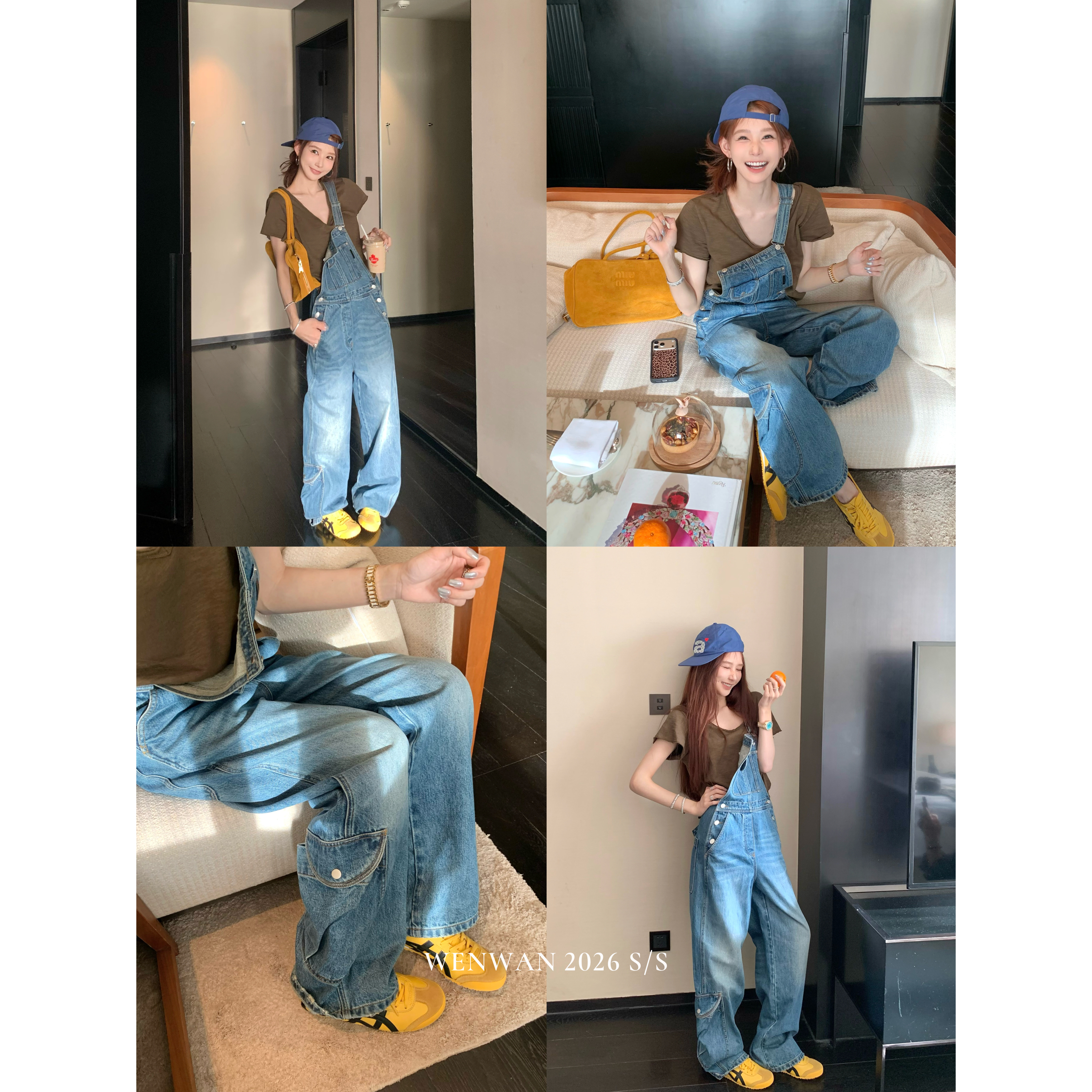 WENWAN【私服系 背带裤】设计师款蓝色牛仔背带裤休闲减龄连体裤