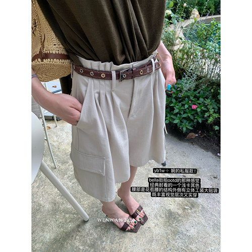 WENWAN【品质线】夏季宽松压褶设计感百搭休闲裤高腰简约短裤
