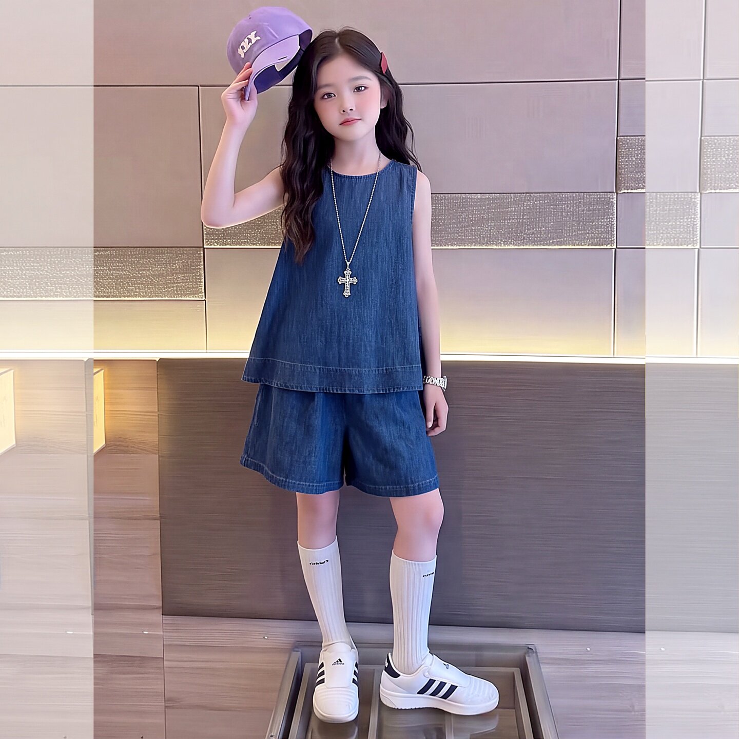 女童夏季牛仔背心短裤两件套2026
