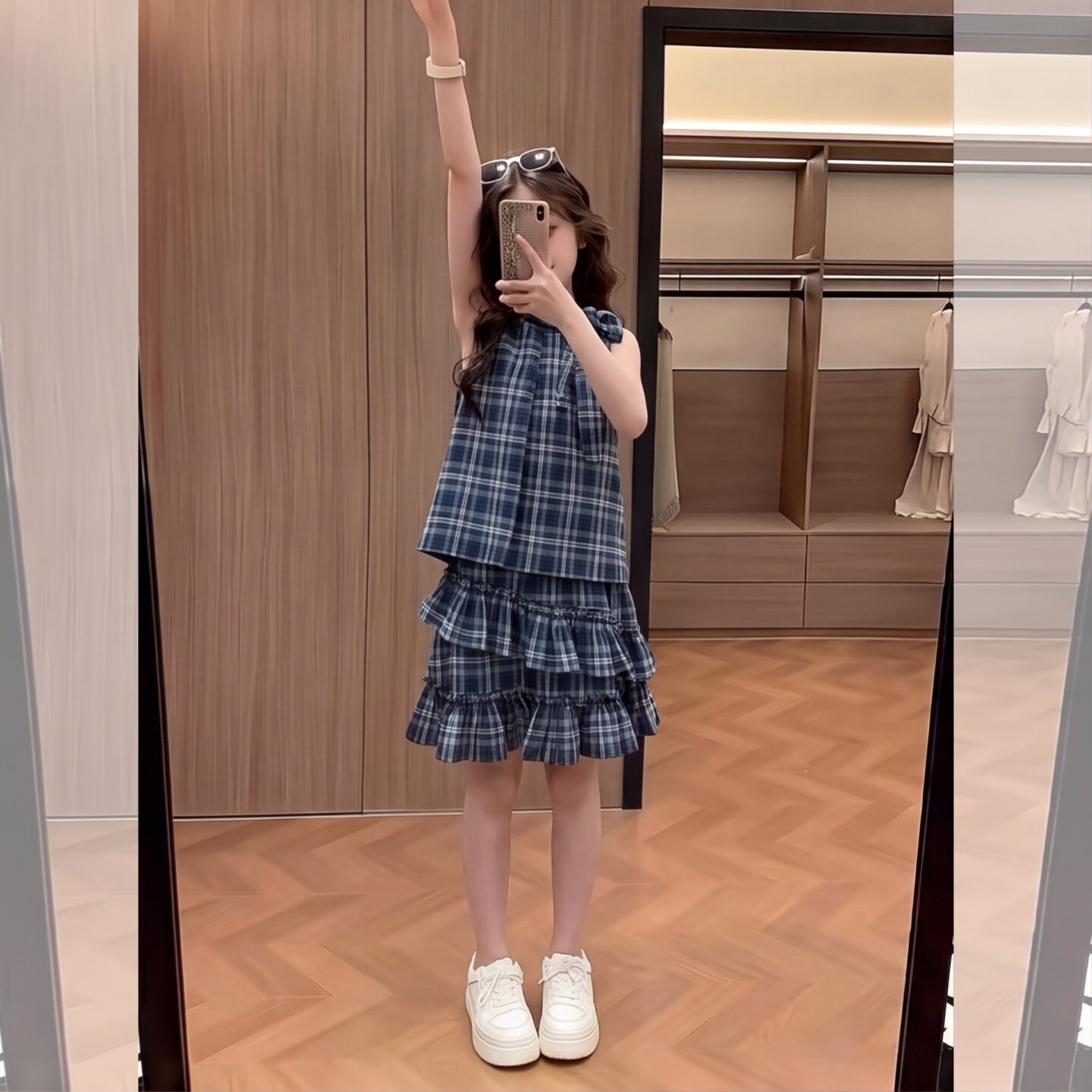 蓝色格纹无袖荷叶边蛋糕半身裙女
