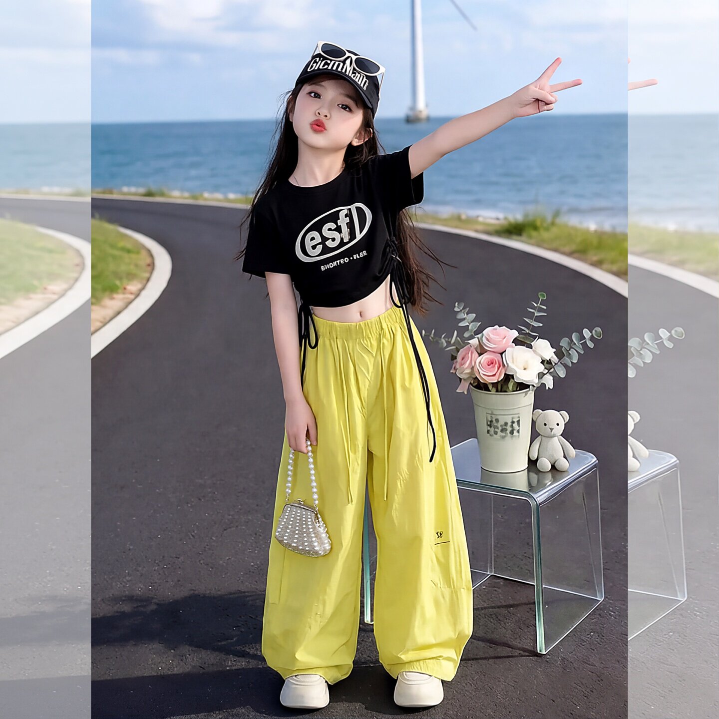 女童工装裤宽松阔腿裤套装2026女