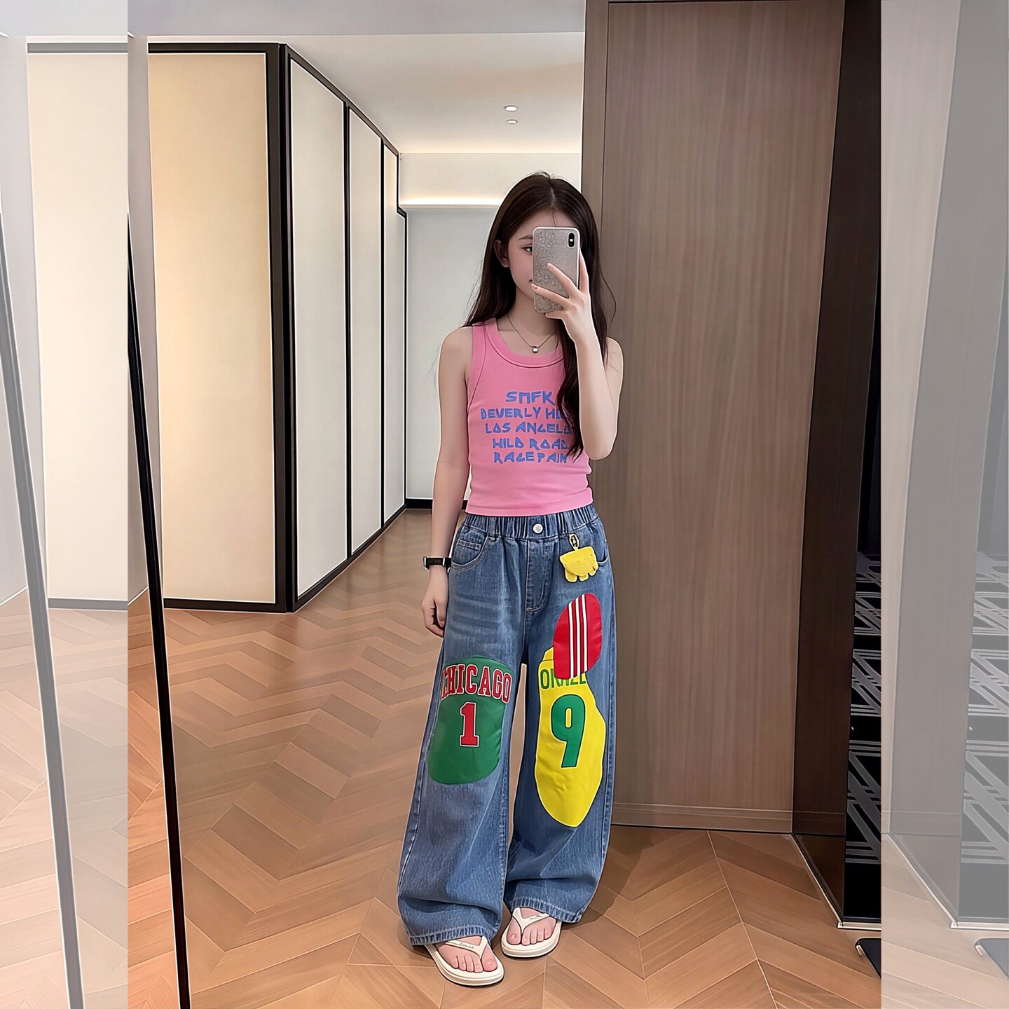 潮酷痞帅多巴胺撞色印花牛仔弯刀裤女童夏季百搭字母背心套装韩范